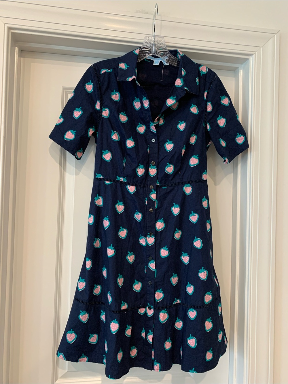 Draper James Navy Strawberry-Print Button Dress all cotton 4 NWOT